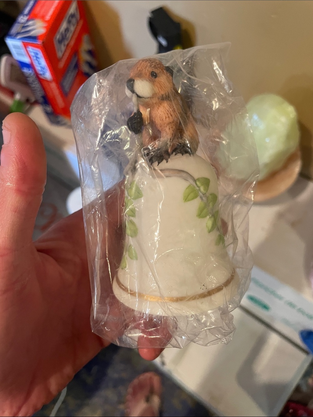 Ceramic Small Pet Figurine Bell with Brown Squirrel Accent